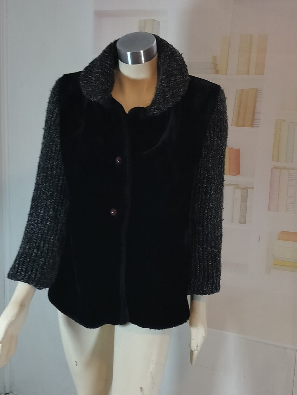 Black Faux Fur & Knit Sleeve Women's Jacket